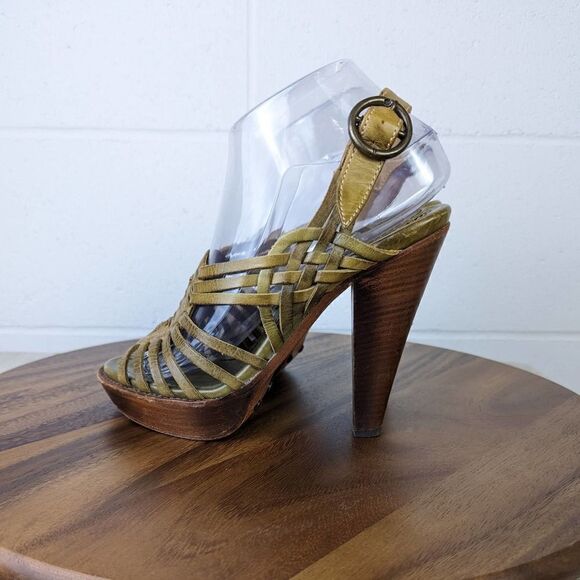 Frye Joy Huarache Platform Heels Olive Green Leather Size 7 - Picture 3 of 11